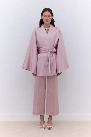 Saten Kuşaklı Kimono Pudra