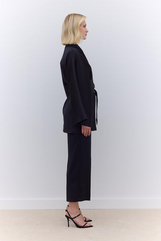 Saten Kuşaklı Kimono Siyah