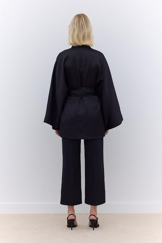 Saten Kuşaklı Kimono Siyah