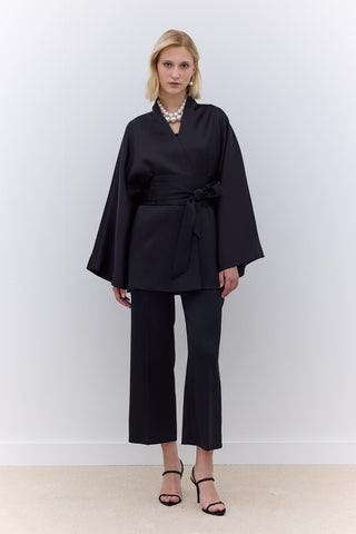 Saten Kuşaklı Kimono Siyah