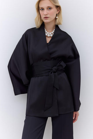 Saten Kuşaklı Kimono Siyah
