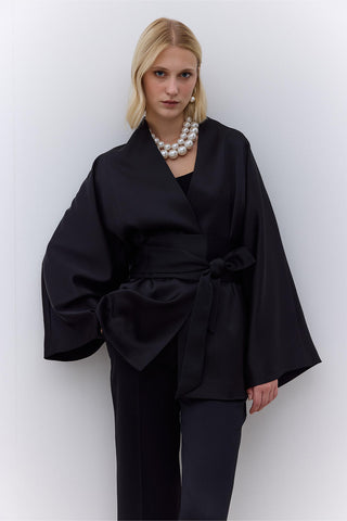 Saten Kuşaklı Kimono Siyah