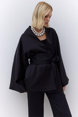 Satin Belted Kimono Black