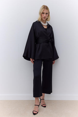Saten Kuşaklı Kimono Siyah
