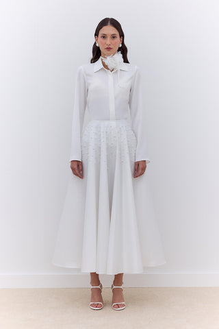 Pearl Embellished Flared Evening Skirt Ecru