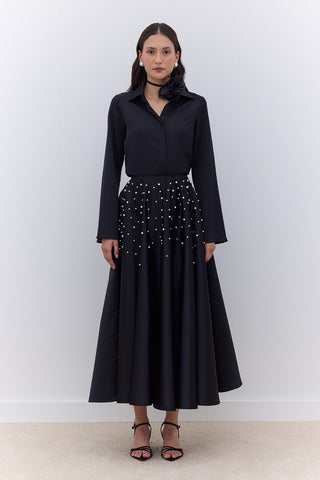 Pearl Embellished Flared Evening Skirt Black