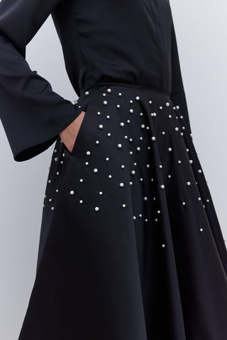 Pearl Embellished Flared Evening Skirt Black