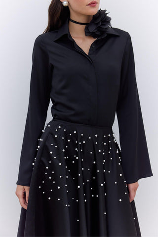 Pearl Embellished Flared Evening Skirt Black