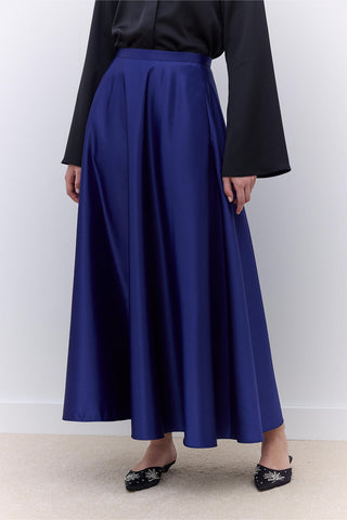 Satin Flared Evening Skirt Navy Blue