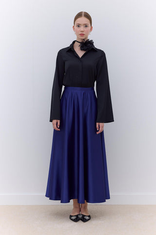 Satin Flared Evening Skirt Navy Blue