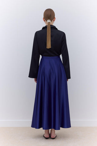 Satin Flared Evening Skirt Navy Blue