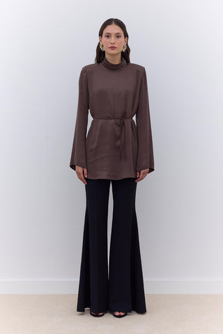 Satin Wide Sleeve Tunic Brown