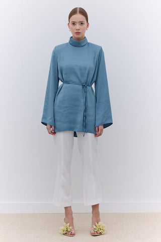 Satin Wide Sleeve Tunic Blue