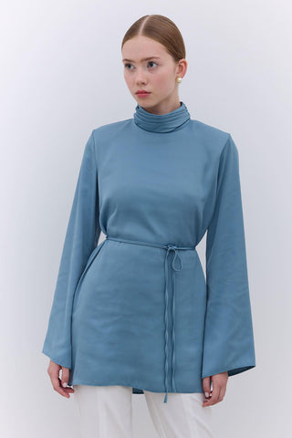 Satin Wide Sleeve Tunic Blue