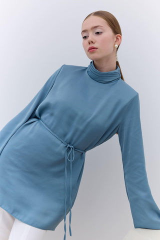 Satin Wide Sleeve Tunic Blue