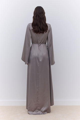 Satin Wide Sleeve Evening Dress Silver