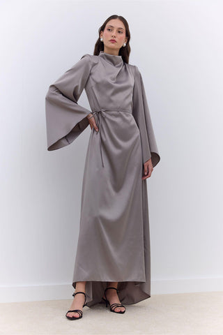 Satin Wide Sleeve Evening Dress Silver