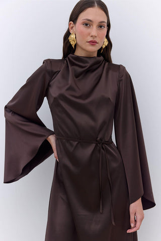 Satin Wide Sleeve Evening Dress Brown