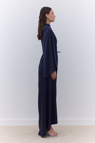 Satin Wide Sleeve Evening Dress Navy Blue