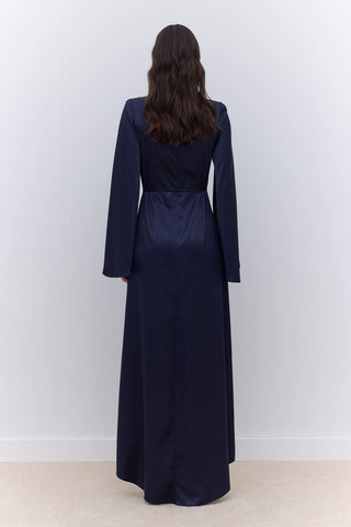 Satin Wide Sleeve Evening Dress Navy Blue