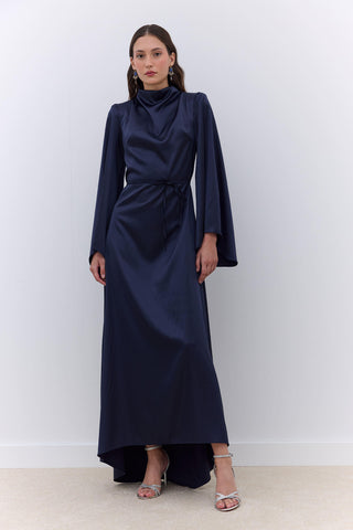 Satin Wide Sleeve Evening Dress Navy Blue