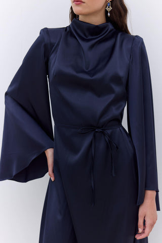 Satin Wide Sleeve Evening Dress Navy Blue