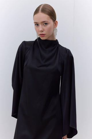 Satin Wide Sleeve Evening Dress Black
