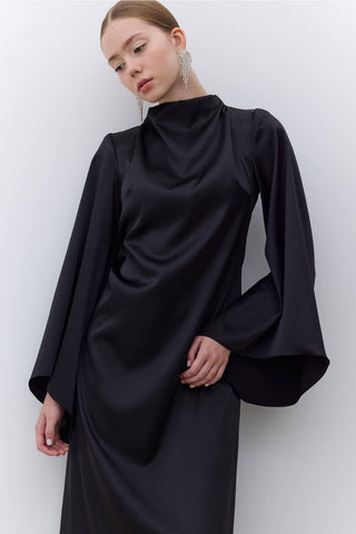 Satin Wide Sleeve Evening Dress Black