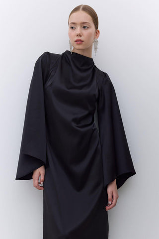 Satin Wide Sleeve Evening Dress Black