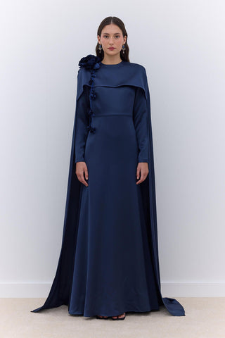 Cape Flower Detail Evening Dress Night Blue