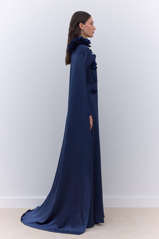 Cape Flower Detail Evening Dress Night Blue