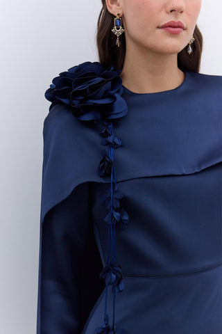 Cape Flower Detail Evening Dress Night Blue