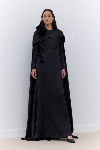 Cape Flower Detail Evening Dress Black