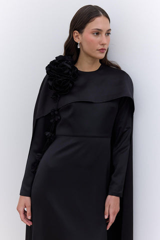 Cape Flower Detail Evening Dress Black