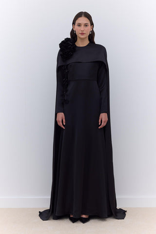 Cape Flower Detail Evening Dress Black