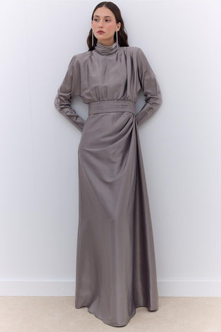 Satin Draped Shoulder Evening Dress Silver