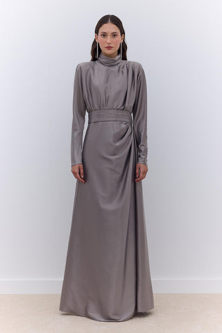 Saten Drapeli Omuz Abiye Elbise Gümüş