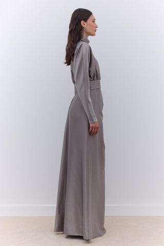 Saten Drapeli Omuz Abiye Elbise Gümüş