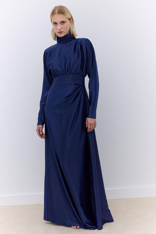 Satin Draped Shoulder Evening Dress Navy Blue