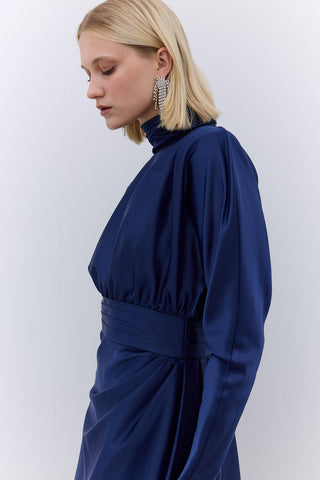 Satin Draped Shoulder Evening Dress Navy Blue