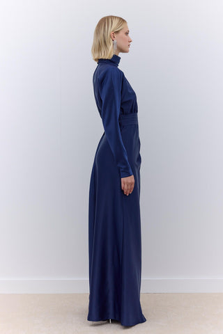 Satin Draped Shoulder Evening Dress Navy Blue