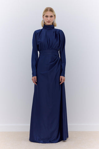 Satin Draped Shoulder Evening Dress Navy Blue