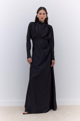 Satin Draped Shoulder Evening Dress Black