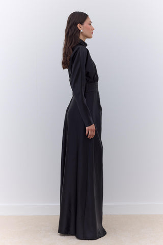 Saten Drapeli Omuz Abiye Elbise Siyah