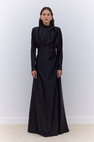 Saten Drapeli Omuz Abiye Elbise Siyah