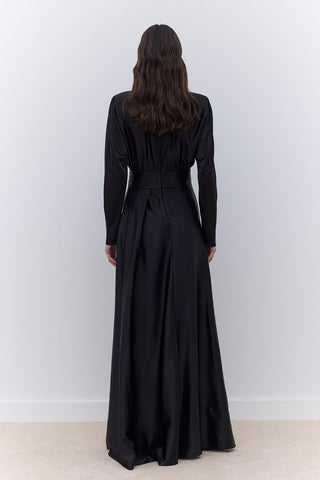 Saten Drapeli Omuz Abiye Elbise Siyah