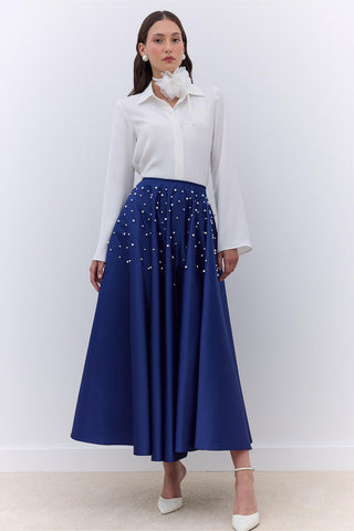 Pearl Embellished Flared Evening Skirt Night Blue