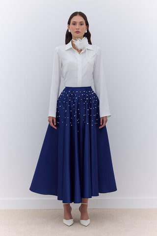 Pearl Embellished Flared Evening Skirt Night Blue