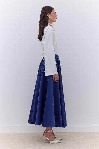 Pearl Embellished Flared Evening Skirt Night Blue