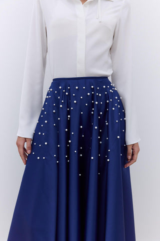 Pearl Embellished Flared Evening Skirt Night Blue